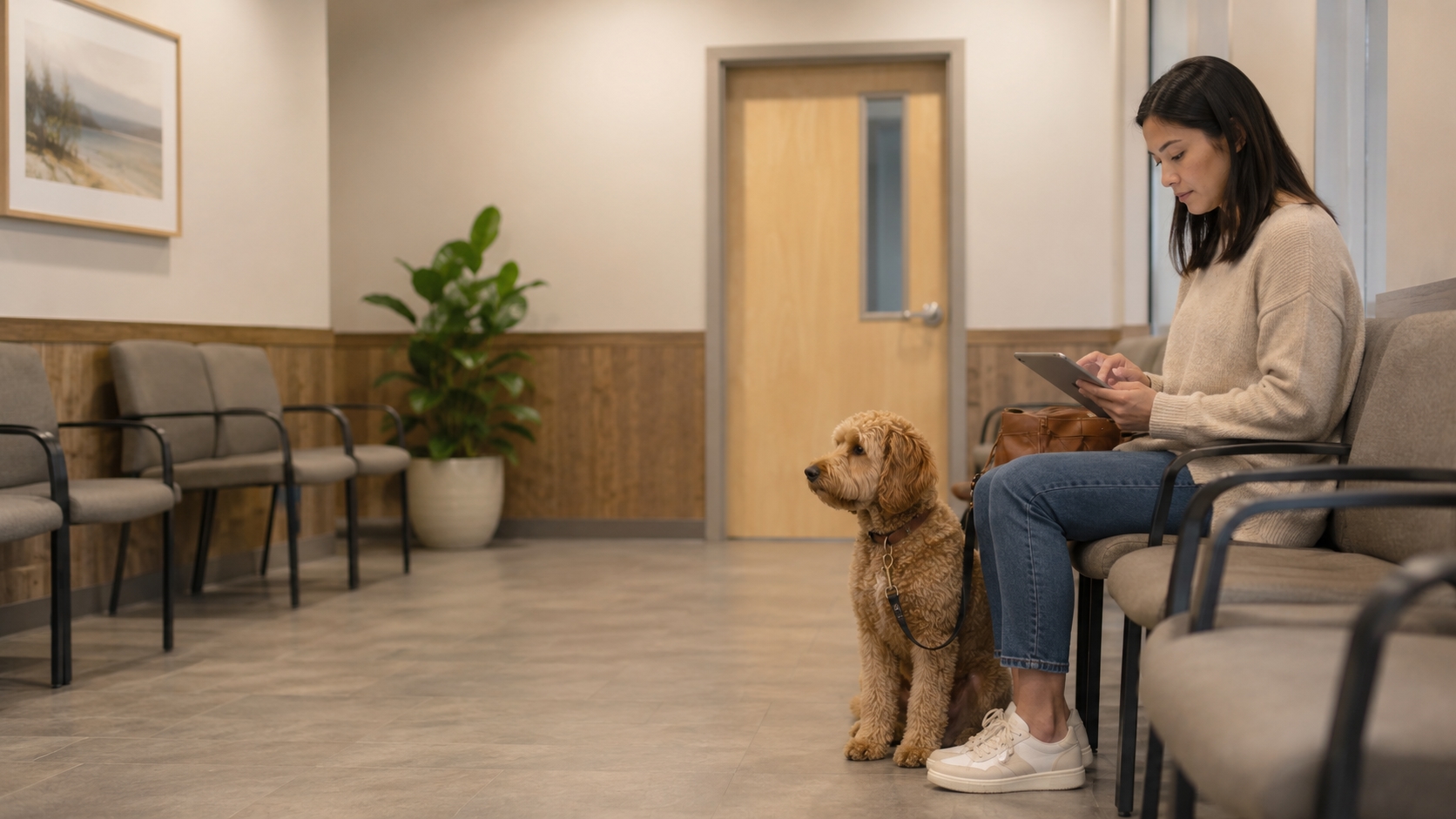 Tierhalterin mit Goldendoodle im hellen Wartezimmer einer Tierarztpraxis